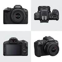 Four-view studio shot of a black Canon EOS R50 mirrorless camera with an RF-S 18-45mm kit lens, showing the front, top, rear screen and controls, and an angled three-quarter view, on a white background.
