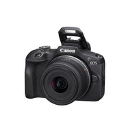 Hero shot of Canon EOS R100 camera with lens, on clean white background.