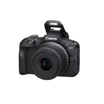Hero shot of Canon EOS R100 camera with lens, on clean white background.