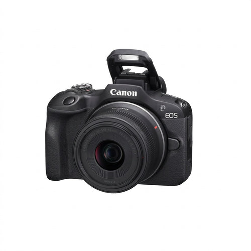 Hero shot of Canon EOS R100 camera with lens, on clean white background.