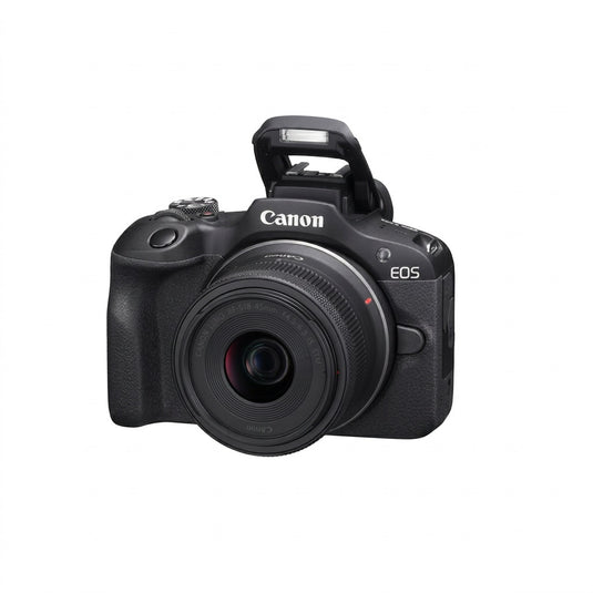 Hero shot of Canon EOS R100 camera with lens, on clean white background.