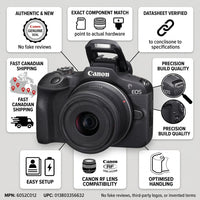 An infographic displaying a Canon EOS R100 camera kit with trust signals like 'Authentic & New' and 'Fast Canadian Shipping.'
