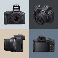 PDP visual matrix showing multiple angles of the black Canon EOS R100 camera and RF-S18-45mm lens kit.