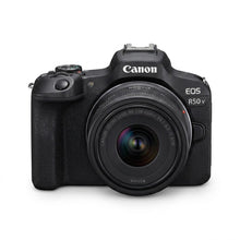 A high-resolution product image of the black Canon EOS R50 camera with RF-S18-45mm lens, centered against a pure white background.
