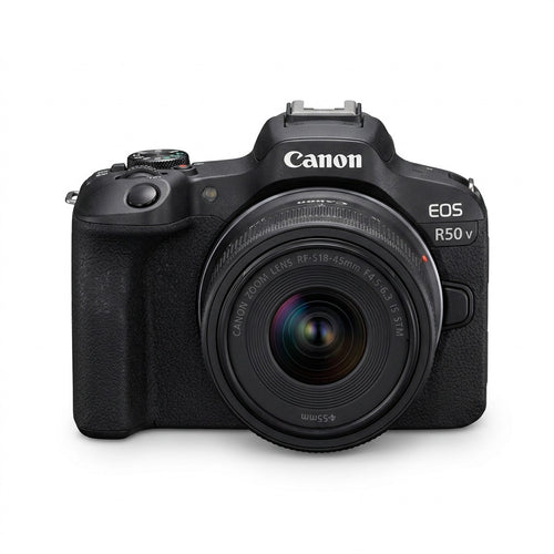 A high-resolution product image of the black Canon EOS R50 V camera with RF-S18-45mm lens, centered against a pure white background.