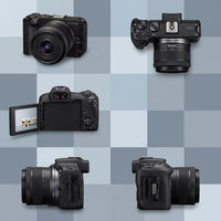 A five-panel product matrix displaying the Canon EOS R50 camera. It shows the front three-quarter view, a top-down view, a rear view, and side views with doors open. All set against a light tonal grid background.