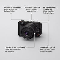 A product graphic highlighting five operational features of the Canon EOS R50 V camera.