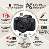 A confidence graphic for Canon EOS R50 kit, showcasing its features and Canadian shipping.