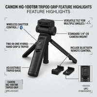 A visual matrix shows feature highlights for the Canon HG-100TBR. Labels note wireless shutter control with Bluetooth, two-in-one hybrid use, and flexible tilt. A small inset image also shows the detachable Bluetooth remote. (152 characters)
