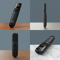 Four-view product grid of a black Canon PR10-G-BK wireless presentation remote with a small LCD screen, navigation buttons, and a pull-out USB receiver, shown from the front, side, back, and an angled view.