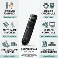 Feature infographic for the Canon PR10-G wireless presenter, showing the black remote at centre with callouts for its ergonomic shape, green laser, multi-OS compatibility, and matte Canon build.