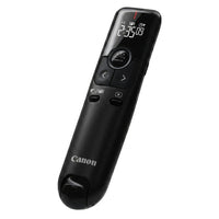 A high-resolution, centered view of the black Canon PR100-R presenter remote on a pure white background.