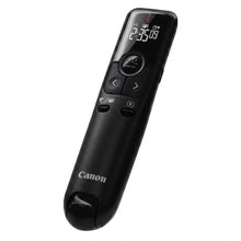 A high-resolution, centered view of the black Canon PR100-R presenter remote on a pure white background.