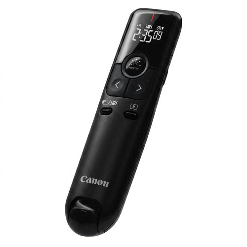 A high-resolution, centered view of the black Canon PR100-R presenter remote on a pure white background.