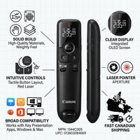 Trust and authority infographic featuring the Canon PR100-R-BK presenter against a clean light grid background, with factual product callouts including build quality, controls, and Canadian shipping.