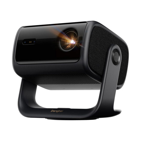Dangbei MP1 Max 4K laser projector on its built-in gimbal stand, front three-quarter view on white