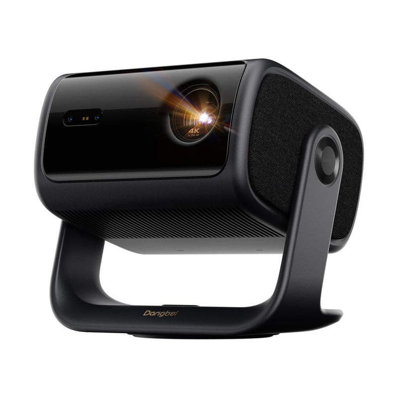 Dangbei MP1 Max 4K laser projector on its built-in gimbal stand, front three-quarter view on white