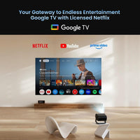Dangbei MP1 Max running Google TV with licensed Netflix, YouTube and Prime Video in a living room