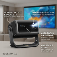 Features summary for Dangbei MP1 Max, pointing to 4K resolution, licensed streaming, auto setup, and bright lens.