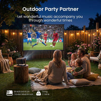 Family watching soccer on a backyard screen with the Dangbei N3 Max projector, 26.4 x 20.2 x 21.8 cm, 3.6 kg