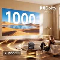 Dangbei N3 Max home theatre projector at 1000 ISO lumens with Dolby Audio, projecting a desert scene in a bright living room