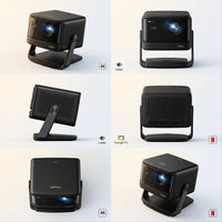 A clean ecommerce grid matrix displaying the black Dangbei DBOX02-Pro projector from multiple useful angles.