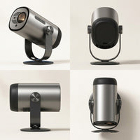 A grid displaying the smart portable projector from front 3/4, side, rear, and top-down angles on a clean background.