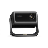 A crisp, high-resolution hero image of the Dangbei MP1-Max 4K projector, showcasing its lens, sensor, vented body, side speakers, and swivel stand against a clean white background. Centered composition with sharp focus and clean shadows. The stand clearly displays the 'Dangbei' logo without additional text overlay. The 4K lens detail is well-lit but not exaggerated.