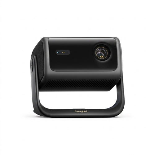 A crisp, high-resolution hero image of the Dangbei MP1-Max 4K projector, showcasing its lens, sensor, vented body, side speakers, and swivel stand against a clean white background. Centered composition with sharp focus and clean shadows. The stand clearly displays the 'Dangbei' logo without additional text overlay. The 4K lens detail is well-lit but not exaggerated.