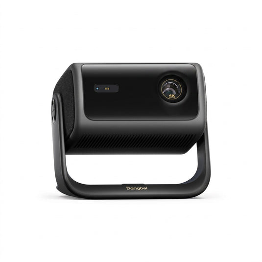 A crisp, high-resolution hero image of the Dangbei MP1-Max 4K projector, showcasing its lens, sensor, vented body, side speakers, and swivel stand against a clean white background. Centered composition with sharp focus and clean shadows. The stand clearly displays the 'Dangbei' logo without additional text overlay. The 4K lens detail is well-lit but not exaggerated.