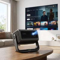 Dangbei MP1 Max 4K projector on a living room coffee table, casting an image onto a wall.