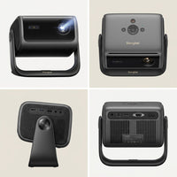A clean, four-panel photographic matrix displaying the identical Dangbei 4K projector from multiple key angles.