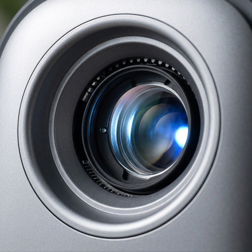 A detailed close-up of the glass lens and internal structure of the blue-lit projector optical engine.