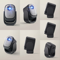 Seven-panel detail view of a Dangbei N2 Mini portable projector on a swivel base, shown from front, angled, side, and rear angles on neutral backgrounds, including a rear view of its ports and cooling vent.