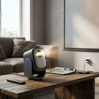 Dangbei N2 Mini portable projector switched on atop a rustic wooden coffee table in a living room, casting a beam toward a screen on the wall, with its remote control beside it.