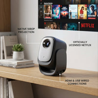 Feature infographic for a compact black-and-white N2 mini portable projector on a wooden shelf, projecting a streaming interface onto the wall, with callouts for native 1080p projection, licensed Netflix support, and HDMI and USB connections.