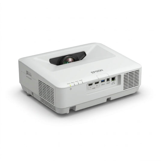 Pure white Epson 770Fi ultra short-throw projector from a clear rear-top high angle.