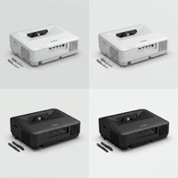 Epson BrightLink interactive laser projector shown in white and black versions, each with two interactive pens, viewed from the front showing the lens and connection ports.
