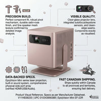 Infographic matrix showing trust icons and facts around the Epson EpiqVision Mini EF-22R projector.