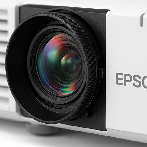 Extreme close-up of a central Epson PowerLite L500W projector lens with a colorful coating.