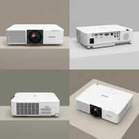 Four-view product grid of a white Epson PowerLite L500W WXGA 3LCD projector, showing the front with lens, the rear connection panel, a side vent view, and a top-down angle with the control buttons.