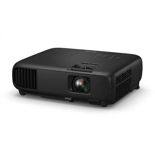 Black Epson PowerLite L265F 1080p 3LCD laser projector at a three-quarter front angle on a white background, showing the lens, top focus control, and PowerLite logo.