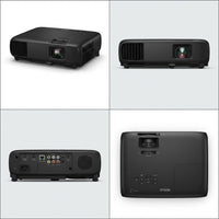 Four-view detail grid of the black Epson PowerLite L265F 1080p 3LCD laser projector, showing an angled front, a front-on view, the rear connection panel, and a top-down view of the controls and lens.