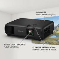 Feature infographic for the black Epson PowerLite L265F projector, with callouts for its 4,600-lumen laser light source, long-life lamp-free operation, and flexible installation with manual lens shift and focus.