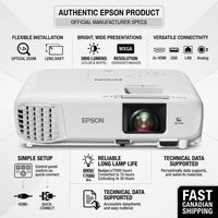 Trust and authority PDP infographic for Epson W49 projector, featuring factual highlights and Canadian shipping.