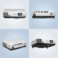 Epson projector matrix shows front, rear, angle, and underside views in a stylized four-panel grid.