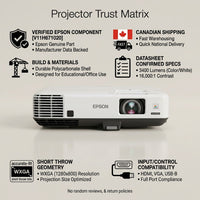 Infographic for Epson PowerLite 535W projector, featuring specs, Canadian shipping, and authentic components.
