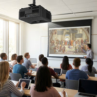 A professional lifestyle photograph showing the Epson V11H923620 PowerLite 805F projector in a modern classroom, projecting an art history image onto a large screen.