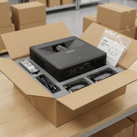 A premium unboxing scene showing the Epson PowerLite 805F projector nested in custom protective foam.