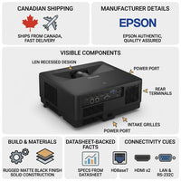 An infographic matrix highlighting Canadian shipping and physical features of the EPSON PowerLite 805F projector.